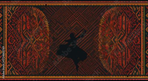 Artistic Dance: Captivating silhouette of a dancing figure set against a background of intricately woven fabric patterns in rich, warm colors, a harmonious display of culture and artistry.