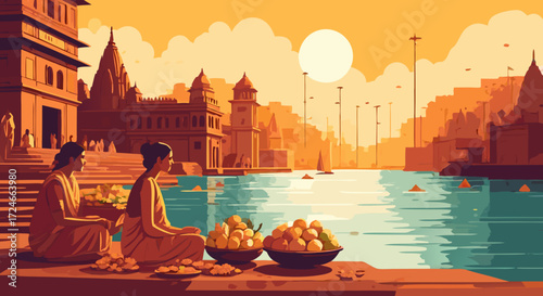 Bathing Ghat Scene: The vibrant illustration depicts a serene riverside scene with two figures seated on the ghat, engaged in traditional practices, with warm color tones.