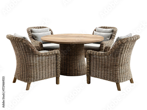 Natural wicker rattan dining set with round wooden table and four cushioned chairs, patio garden furniture isolated on white background
