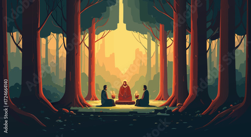 Forest Meditative: Three figures, enveloped in the hushed serenity of a dense forest, engage in a meditative practice under a cascade of sunlight.