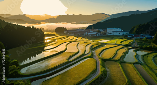 Rice Terrace and Mountain View: Experience the breathtaking beauty of a vast rice terrace nestled harmoniously at the foot of a towering mountain range, bathed in the ethereal glow of dawn.