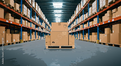 Warehouse Order: A vast warehouse aisle is lined with shelves laden with neatly arranged cardboard boxes, filled with products, suggesting efficient logistics and global trade.