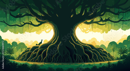 Giant Tree in a Lush Landscape: A mesmerizing illustration of a colossal tree with sprawling roots and intricate branches dominates a verdant landscape.