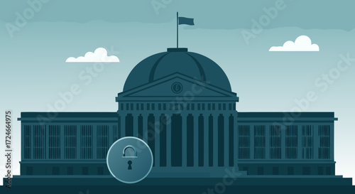 Secured Government Building: A stylized, flat design illustration depicts a government building under a secure environment, showcasing a commitment to transparency and data protection. 