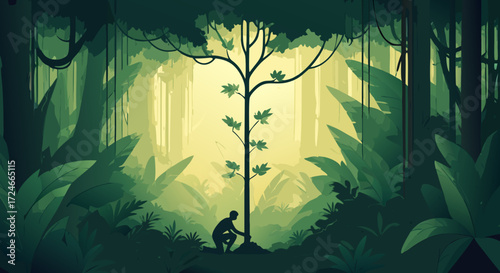 Planting the Future: A symbolic illustration of a figure nurturing a young tree in a flourishing, vibrant forest, representing growth, care, and environmental stewardship.