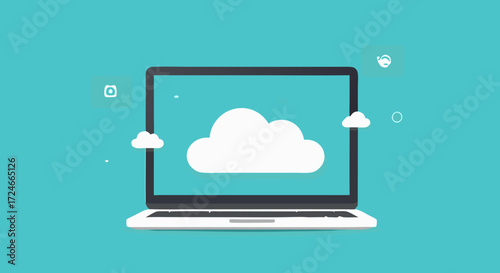 Cloud Computing: A digital illustration showcases a laptop at the center, its screen displaying a central cloud, symbolizing the digital transformation of data and information processing.