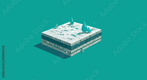 Isometric Illustration of a Stone Platform with Water Droplets: A stylized illustration captures a square stone platform, featuring layers of textures and serene water droplets.