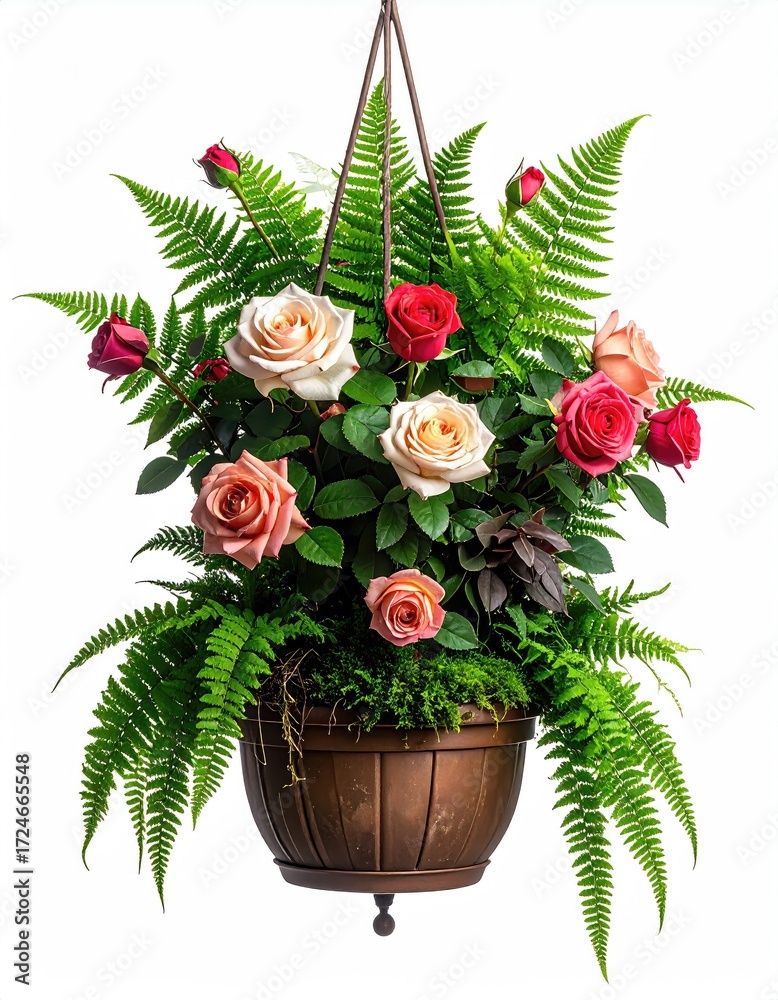 Obraz premium Hanging basket overflowing with pink, peach, and red roses, interspersed with lush green ferns, in a dark brown container against a white background