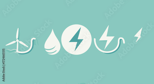 Renewable Energy Sources: The illustration showcases the core elements of sustainable energy sources, including wind, water, and electricity, suggesting a commitment to a greener future. 