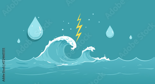 Ocean's Fury: A dramatic illustration of a towering wave crashing against a backdrop of a striking lightning bolt, symbolizing the raw power and untamed nature of the ocean.