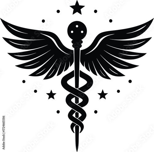 Caduceus Medical Symbol vector Silhouette illustration winged caduceus with stars decoration