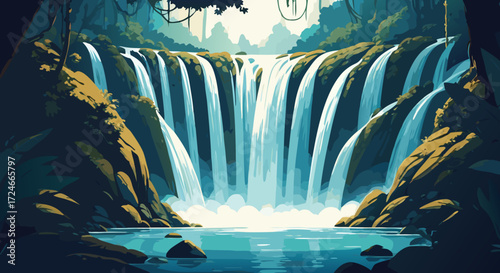 Cascading Water: Majestic waterfalls plunge into a serene pool, creating a tranquil scene. Lush green foliage embraces the edges, with a mysterious rainforest backdrop.