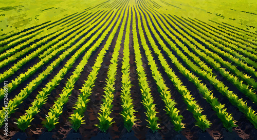 Green Field Rows Under Sunlight: A panoramic view of a verdant field showcases precisely aligned rows of vibrant, young plants, bathed in the golden light of day.