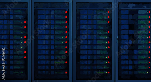 Data Center Technology: A close-up view of a server room, filled with high-tech equipment and blinking lights, ready to transfer the crucial data.