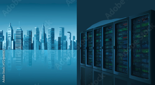 Digital City: Futuristic skyline merging seamlessly with a modern server room, symbolizing the digital backbone of urban infrastructure in a cool, modern aesthetic.
