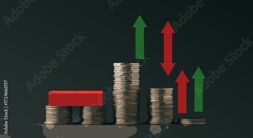 Financial Growth and Decline: A visual representation of financial dynamics featuring stacks of coins accompanied by upward and downward arrows.