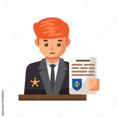 Man in suit holding document with scales of justice badge