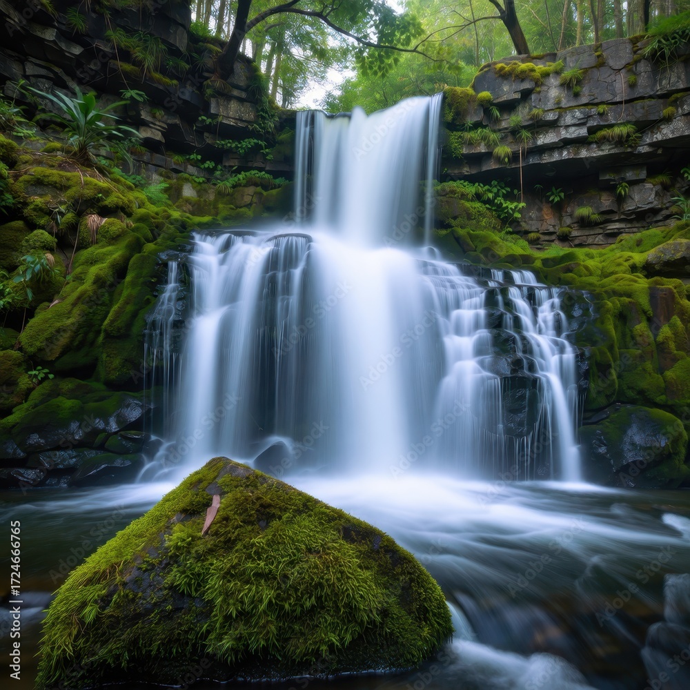 Obraz premium Waterfall cascade in lush jungle setting nature photography tranquil environment serene viewpoint