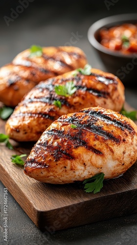 Grilled Chicken Breast Fillets on Wooden Board