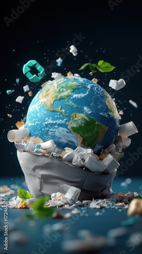Earth Globe in Trash, Environmental Concept