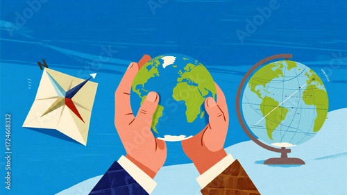 Hands cradle the Earth, a compass points the way, and a globe stands ready guiding explorations and global business ventures into the future.
