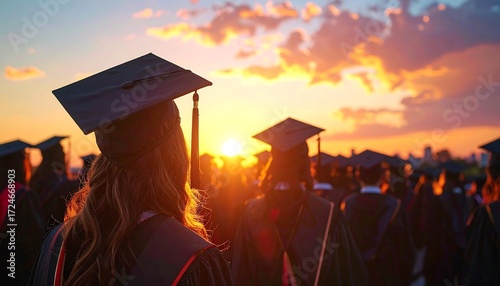 Graduating students at sunset