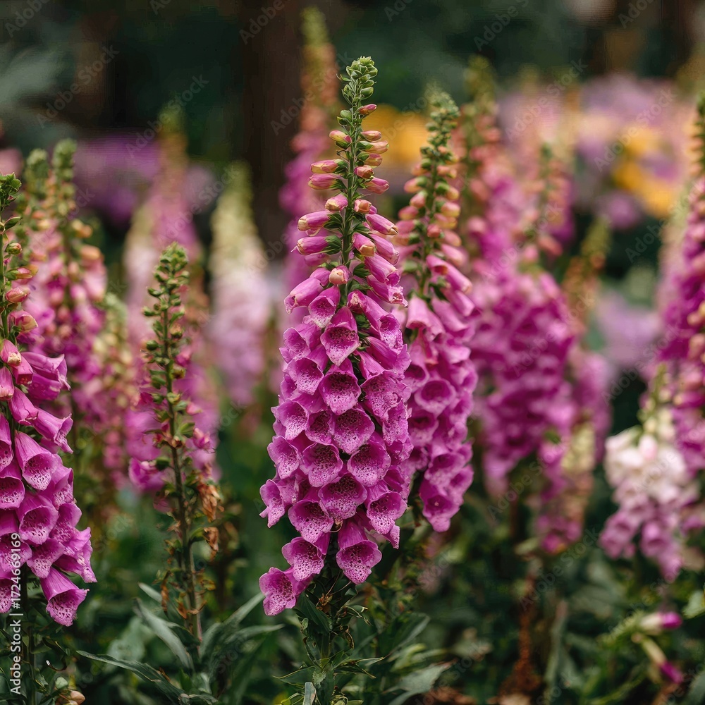 Obraz premium Close-up of vibrant purple foxglove flowers. Fuzzy, bell-shaped blooms in clusters, standing tall against greenery. Soft focus background of other flowers
