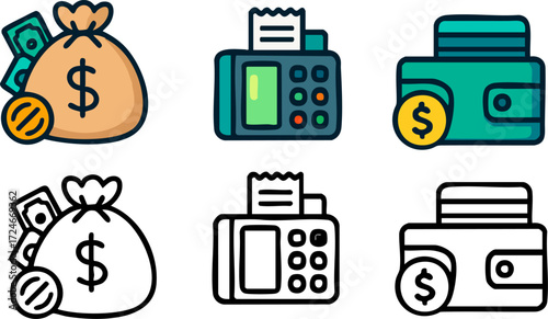 Financial Icons Set Money Bag POS Terminal Wallet.