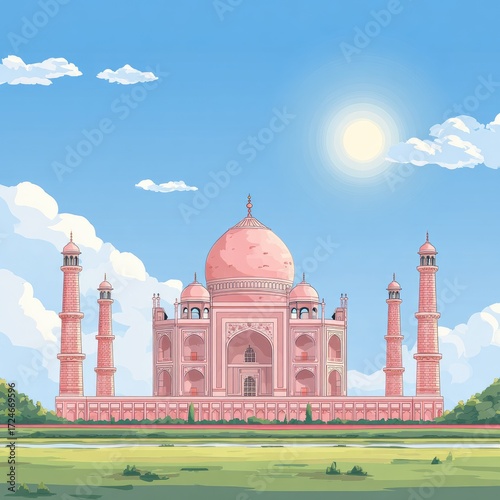 Pink monument, lush landscape, sunny day