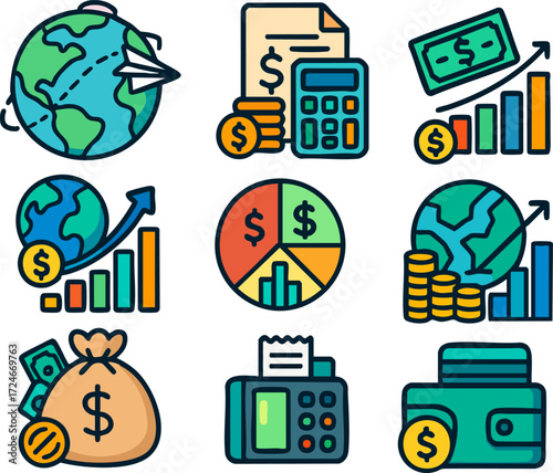 Global Financial Growth and Investment Icons Set.