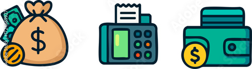 Money Bag POS Terminal and Wallet Icons.