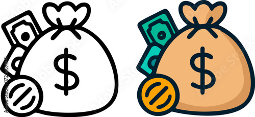 Money Bag with Dollar Sign and Coins Icon.