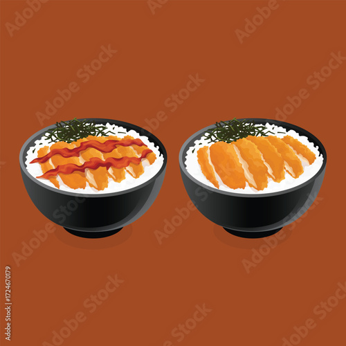 Vector illustration of Japanese rice bowls with grilled eel and fried pork cutlet, served with seaweed topping.