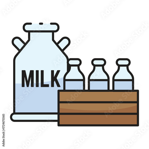 Milk jug and bottles in a wooden crate