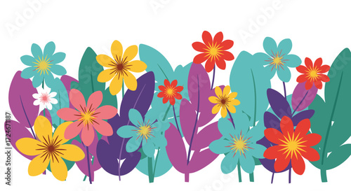 A vibrant and colorful array of blooming flowers and lush green foliage creating a picturesque natural scene.