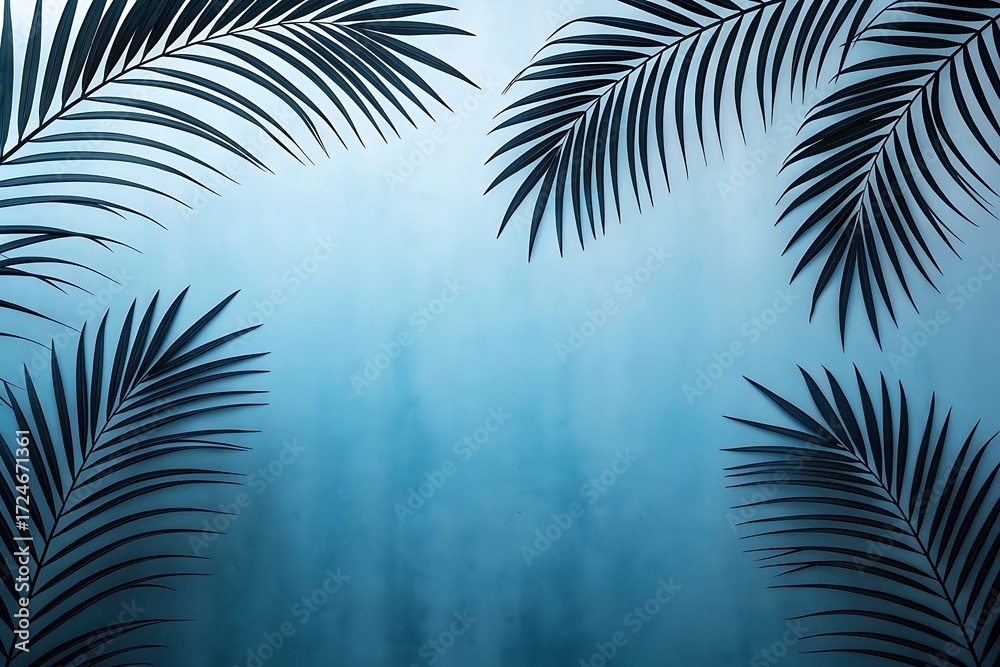 Fototapeta premium Palm leaves casting shadows on a textured blue wall in the bright sunlight