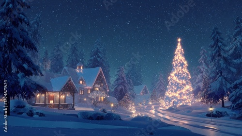 Magical winter village glows with festive Christmas lights under a snowy night sky.