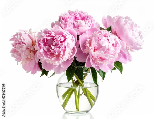 Wallpaper Mural Bouquet of pastel pink peonies in a round glass vase with clear water, isolated against a white background, reflecting on a white surface Torontodigital.ca