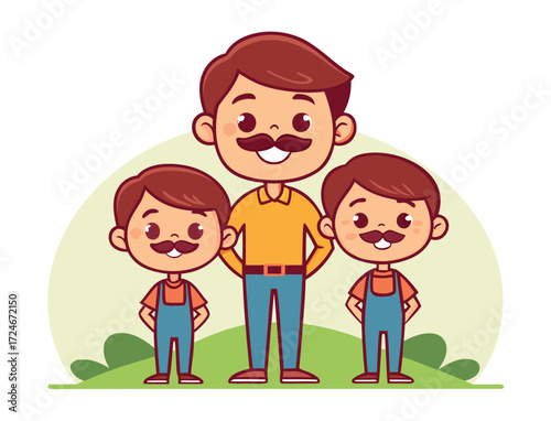 Cartoon illustration of a father and his two sons with mustaches