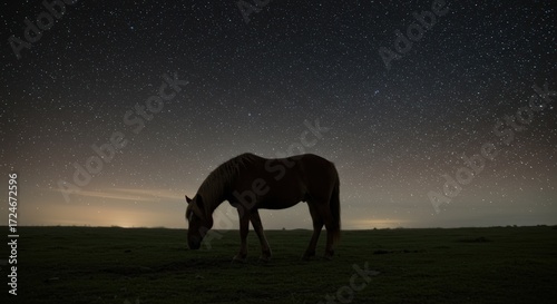 Silhouette of a horse under a starry night sky