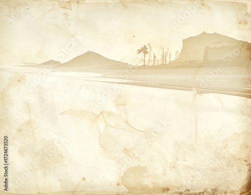 Aged, sepia-toned beach illustration featuring a shoreline with a single palm tree, mountains in the hazy distance, and distressed paper textures