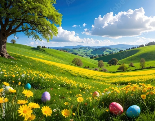 Rolling green hills covered with bright yellow flowers and decorated Easter eggs under a vibrant blue sky with puffy white clouds