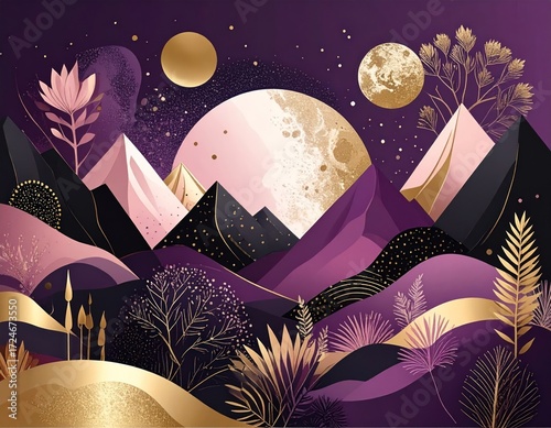 Abstract mountain range illustration with stylized plants, a pale pink sky, golden stars, and multiple golden moon-like spheres