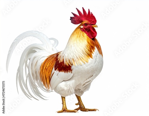 Proud rooster struts, showing off its striking plumage. White and gold feathers catch the light, contrasted by its bright red comb. Isolated on white