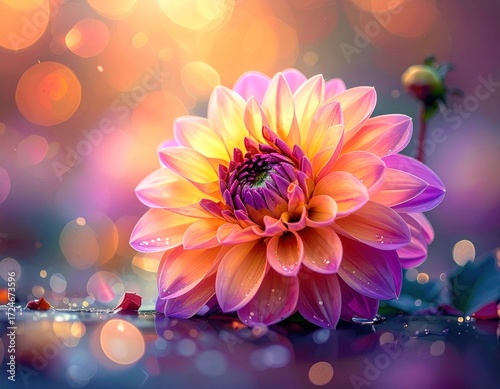 Radiant dahlia bloom with multi-hued petals rests on a reflective surface amid soft, glowing orbs of light creating a whimsical, dreamy aesthetic