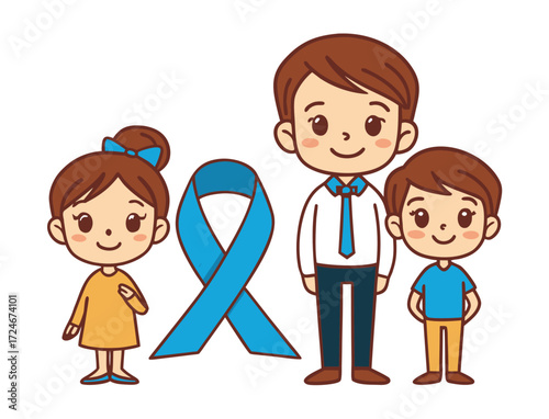 Cartoon family standing with light blue ribbon for awareness concept