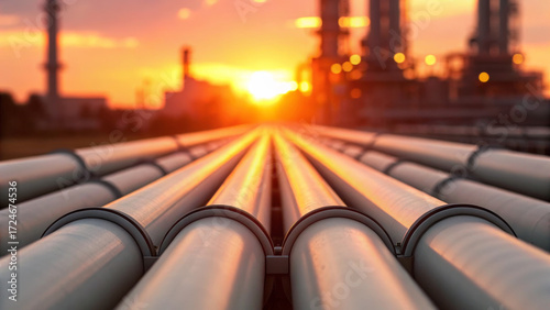 Oil pipeline at sunset with industrial refinery in background showing energy infrastructure for international trade and transport