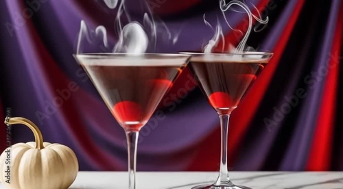 Eerie Halloween cocktail hour with smoking drinks and mini pumpkin, perfect for fall festivities and spooky celebrations with friends