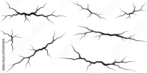 Crack silhouette icon set, wall damage, broken surface, fracture pattern, black vector illustration, abstract split lines, destruction, stress marks