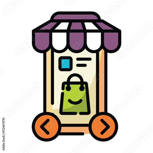 Mobile shopping cart with awning and shopping bag icon